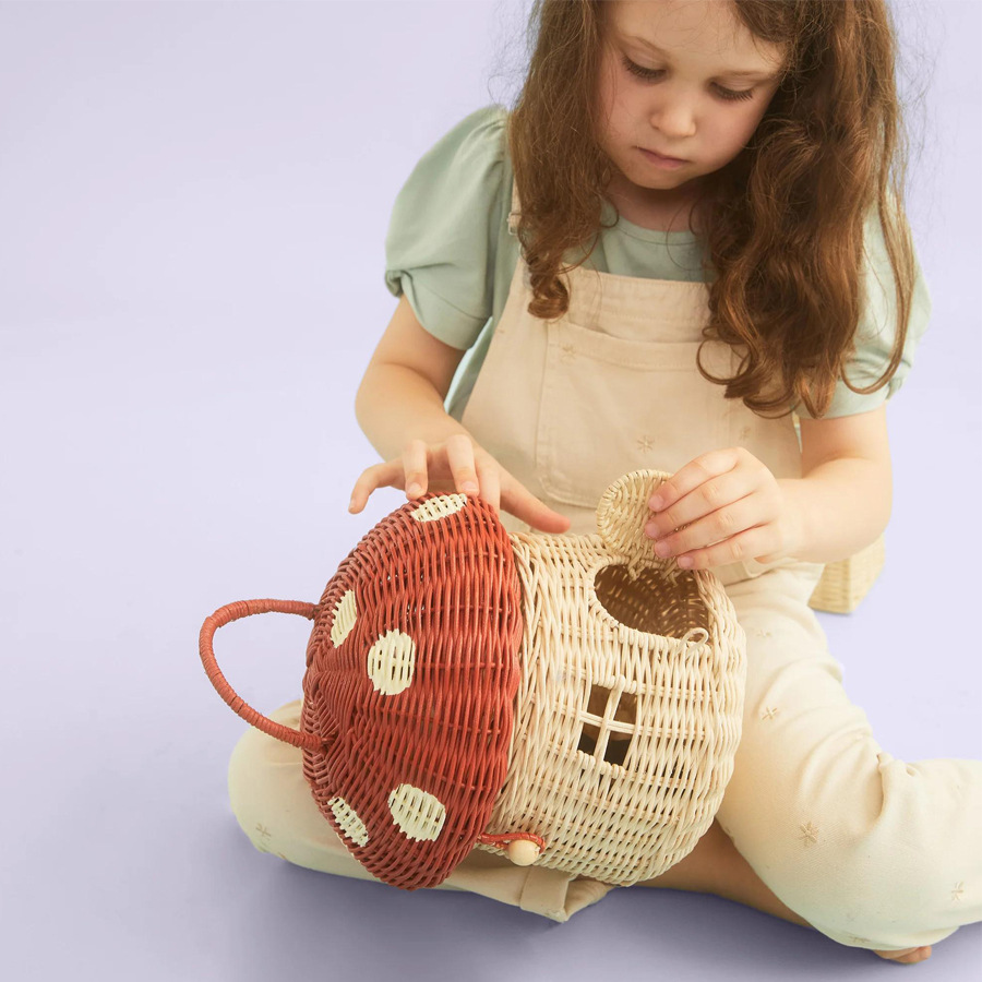 INS estilo hecho a mano ratán en forma de seta cesta de almacenamiento accesorios de tiro para niños bolsa de mano cesta decoraciones de la habitación de los niños