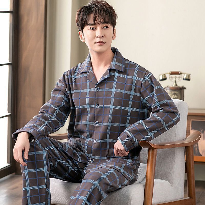 Primavera y otoño pijamas hombres traje % algodón de manga larga cardigan para ropa exterior invierno algodón desgaste del hogar nuevo