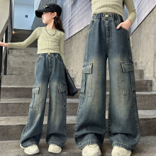 女童裤子春秋新款2025新款复古牛仔工装裤中大童女孩直筒裤阔腿裤