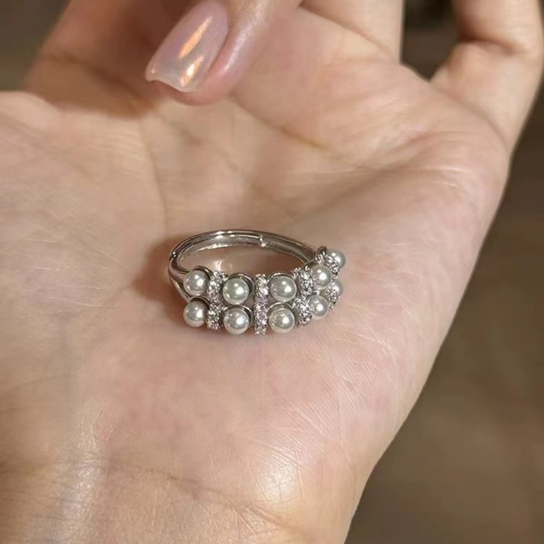 法式精緻雙排珍珠鋯石銀色戒指女開口食指戒輕奢高級氣質優雅指環