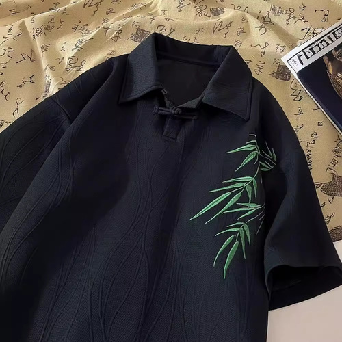 Modern Chinese Bamboo Embroidery Short-Sleeve T-Shirt for Men - Summer Casual Loose Trendy Hanfu Style Top