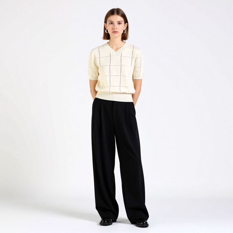 Nanyou High-End Diamond Pattern Hollow-Out V-Neck Knitted Sweater Women's Spring/Summer 100% Cotton Short Sleeve Pullover Slimming Top Nanyou High-End Diamond Pattern Hollow-Out V-Neck Knitted Sweater Women's Spring/Summer 100% Cotton Short Sleeve Pullover Slimming Top