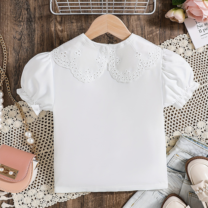 Camisas de niñas de verano suministro transfronterizo pura muñeca blanca cuello manga burbuja niños pequeños y medianos adorables camisetas