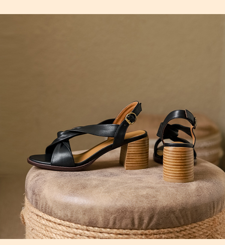 Sandal cao gót nữ da thật hở mũi quai ngang gót dày retro — Màu nâu chi tiết 16
