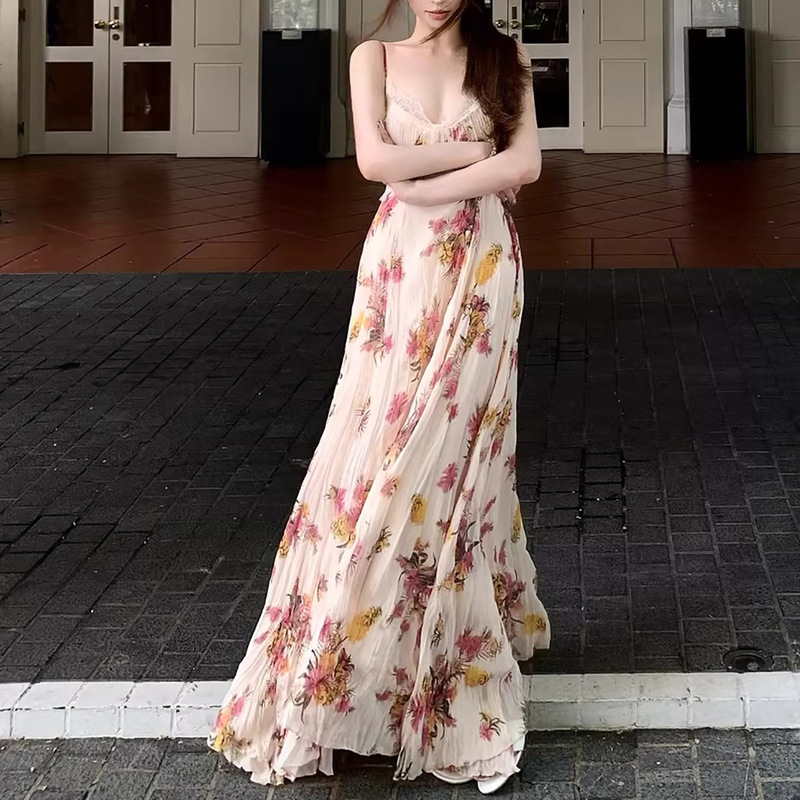 Floral Suspender Top, Lace Fairy Dress, New Summer Resort Style Suspender Dress, Backless Slimming Long Dress