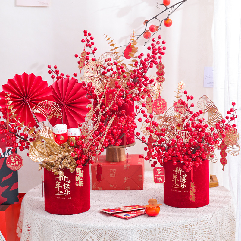 Festival de primavera decoración Víspera de Año Nuevo flor con cubo simulación de DIY acebo acabado arreglo floral cubo al por mayor regalo de la mano cubo producto terminado
