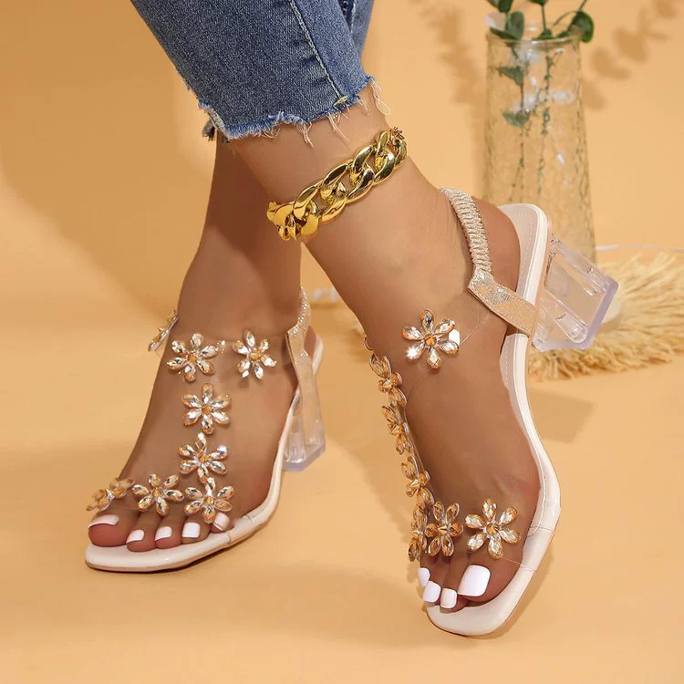 Внешняя торговля большой размер страз бабочка сандалии женский 2024 новый квадратный кристалл толстый каблук фея ветер прозрачные каблуки