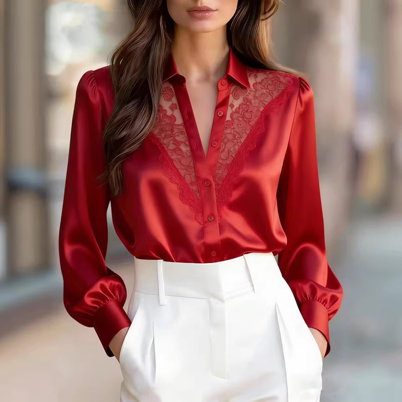 2026 European and American Amazon Cross-Border Lace Satin New Design Niche Inner Layer Patchwork Shirt for Women
