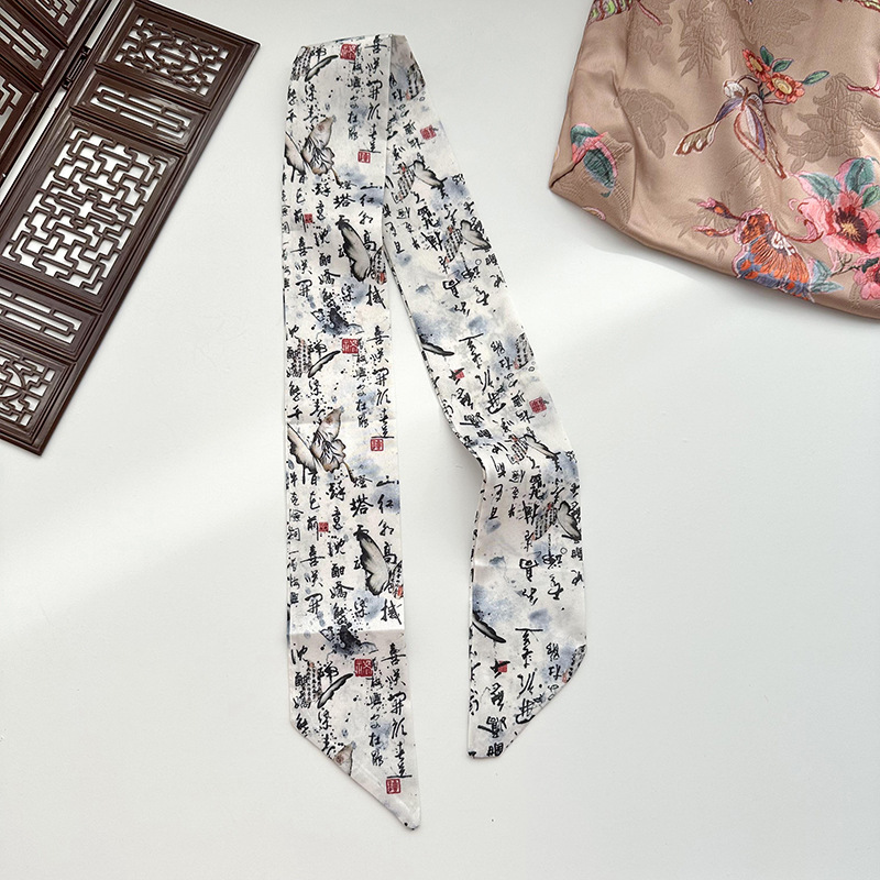 Las chicas del nuevo temperamento chino pinturas de tinta de flores y pájaros caligrafía cinta de cabello cuerda de cabello cabeza de cola de caballo bufandas de seda multipropósito