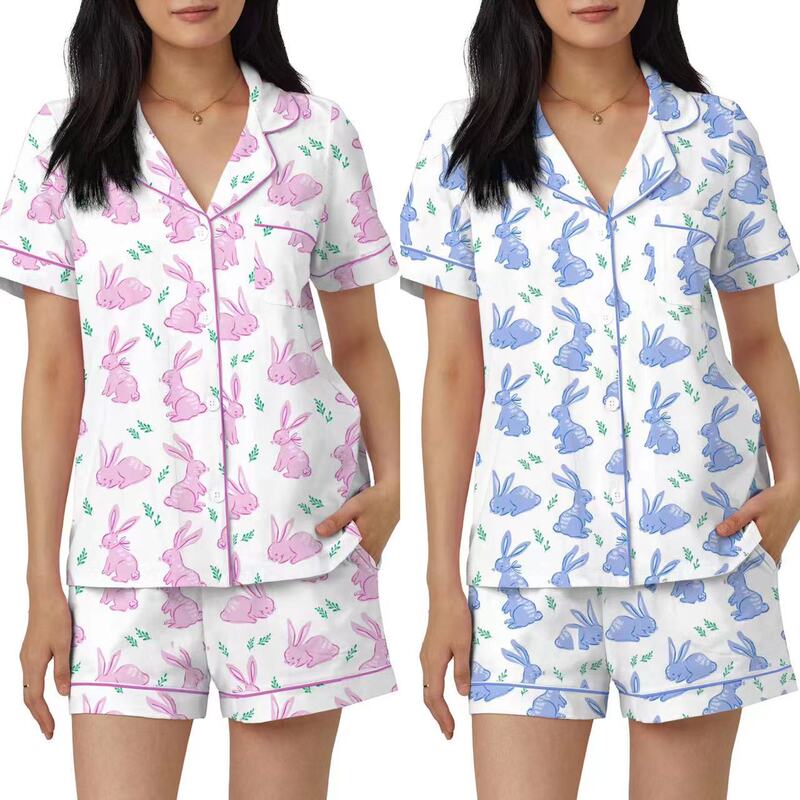 European and American Summer Thin Printed Comfortable Short-sleeved Shorts Pajamas Suit Cross-border Foreign Trade Large-size Home Clothes Women's Clothing