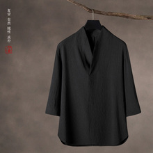 中国风男装夏季复古风冰丝T恤短袖男士套装上衣V领中式汉服七分袖