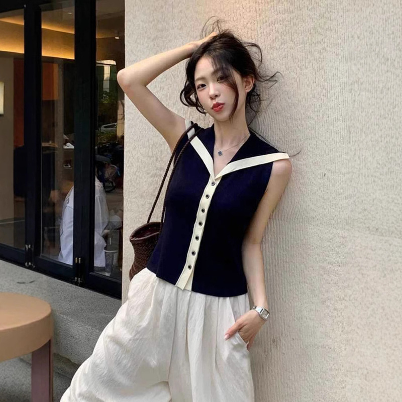 Contrast Color Navy Collar Academy Style Ice Silk Knitted Vest Women's Summer Unique Super-looking Slim Sleeveless Top