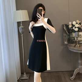 大码法式黑白设计拼接感小众连衣裙夏季新款mm气质方领显瘦裙子