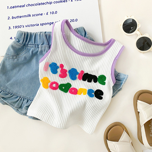  Girls New Summer Children's Korean Style Sleeveless T-shirt Baby Girl Embroidered Elastic Vest 0029