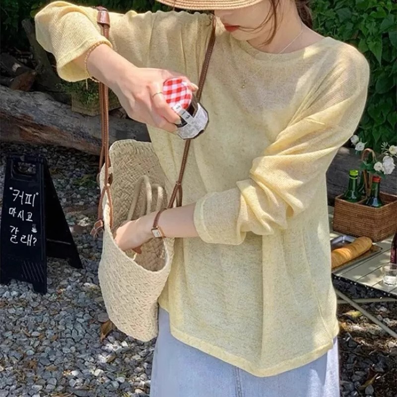Thin Ice Silk Sun Protection Blouse Summer New Style Lazy Long-Sleeved Air-Conditioned T-Shirt Loose Outer Wear Pullover Round Neck Top