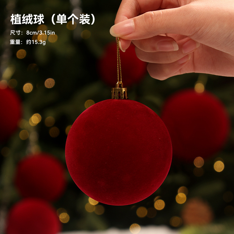 Decoraciones navideñas transfronterizas flocado bolas rojas de Navidad colgantes de árbol de Navidad atmósfera de vacaciones diseño de escena image 6