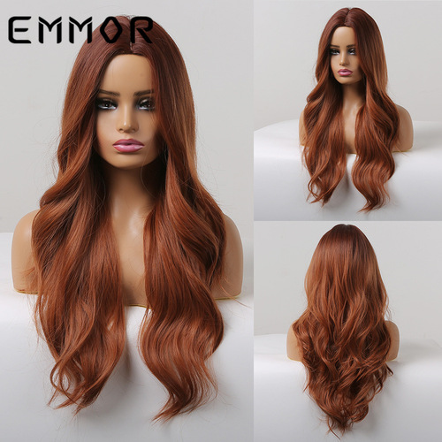 EMMOR Amazon Foreign Trade New Middle Part Long Wavy Orange-Red High-Temperature Silk Wig Full Headset Manufacturer
