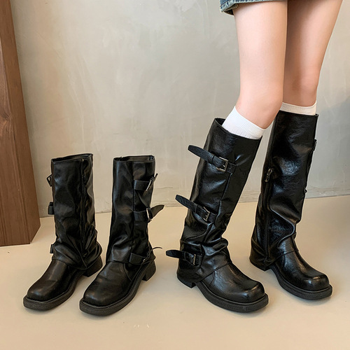 Belt buckle pleated thick sole mid-calf women's winter pants western boots Instagram trendy boots