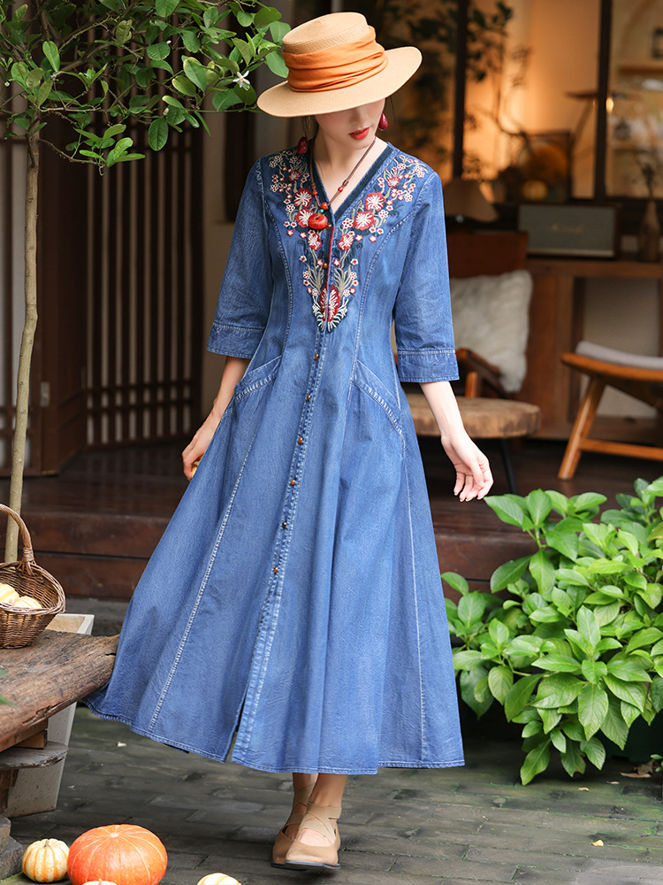 Retro denim autumn long skirt