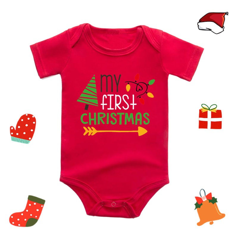 My 1st Christmas red baby Christmas romper cotton short sleeve men and women Baby Jumpsuit