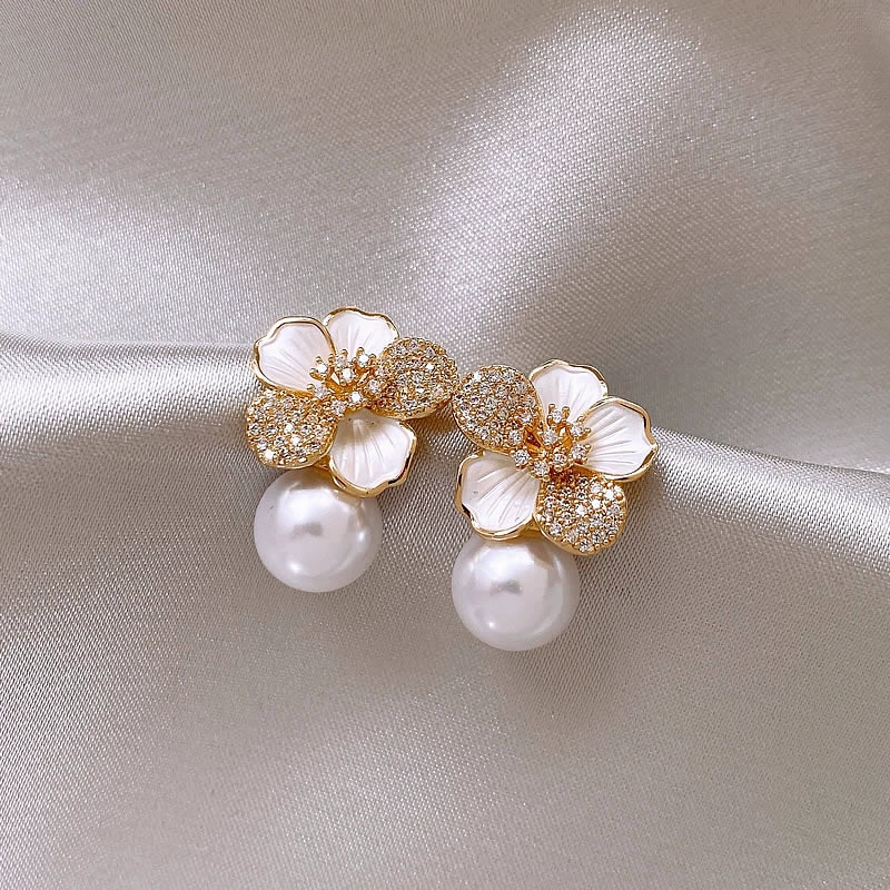 Серебряная игла, белый цирконий, модные милые серьги из жемчуга, цветок, французский стиль