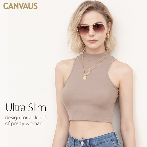 CANVAUS summer new tight sleeveless vest women's slim half turtleneck women's group style waistless short top