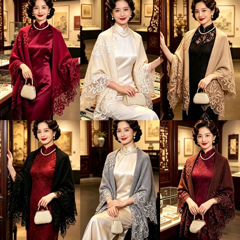 Imitation mink cashmere lace, Chinese-style outerwear, cheongsam shawl, split design, cross-border shawl, new Chinese-style lace, autumn/winter cape