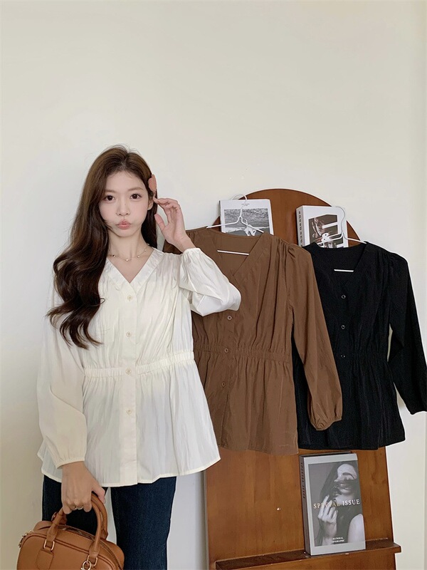 Designed V-Neck Long-Sleeved Shirt for Women, Plus Size, Waist-Cinching, Tummy-Concealing, Age-Reducing Top