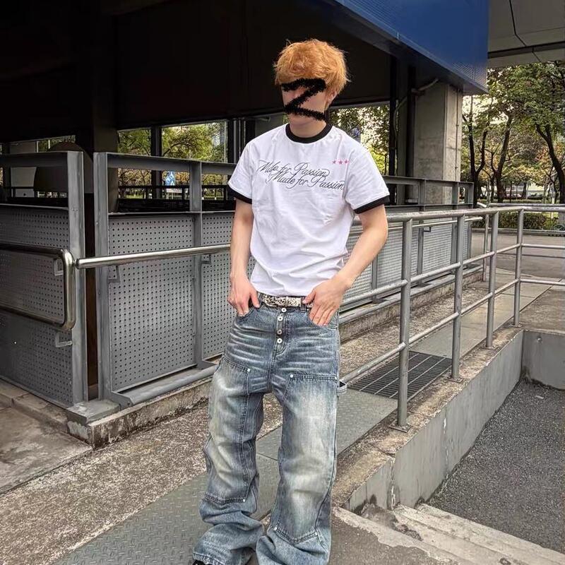 American street style button-up workwear jeans for men, summer design, distressed, loose fit, wide-leg, slightly flared long pants, trendy brand American street style button-up workwear jeans for men, summer design, distressed, loose fit, wide-leg, slightly flared long pants, trendy brand