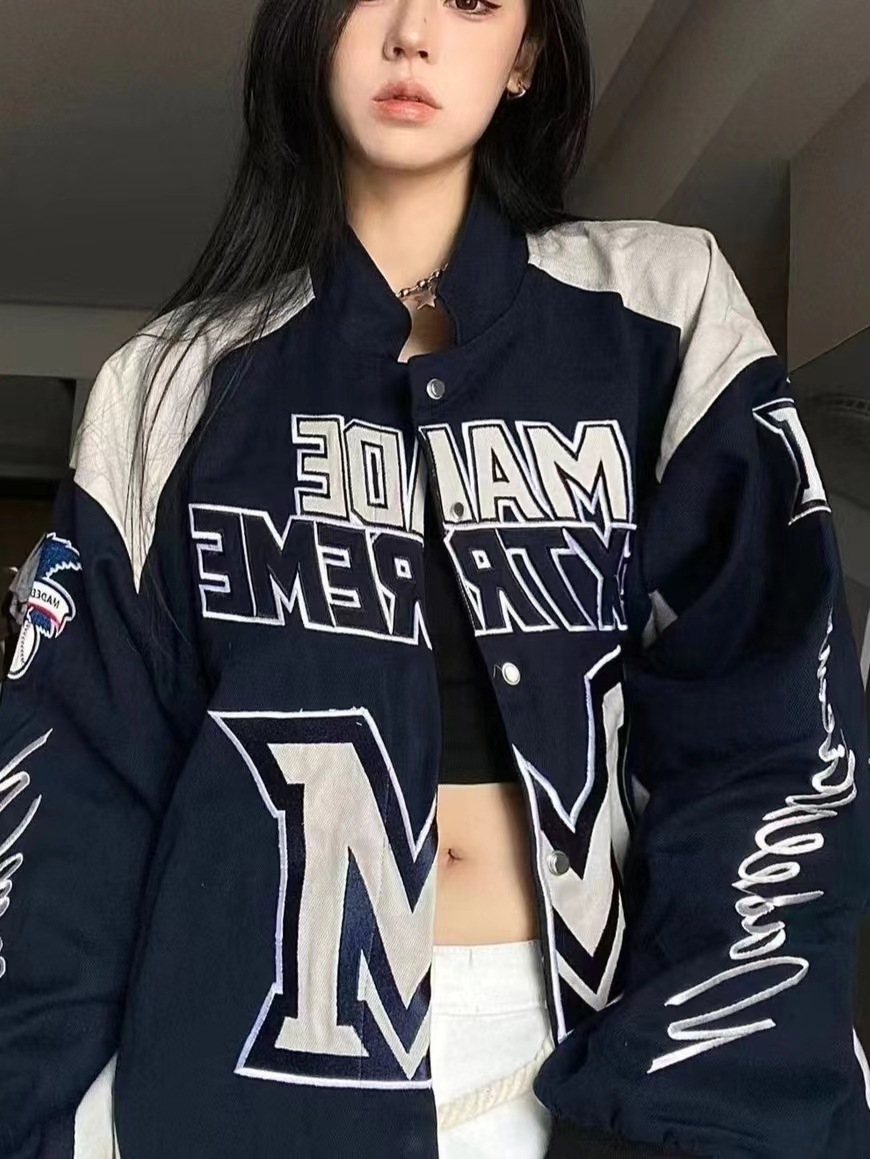 American retro Street High Street Heavy Industry Racing motocicleta chaqueta retro color matching letters hombres y mujeres de la moda nacional chaqueta suelta