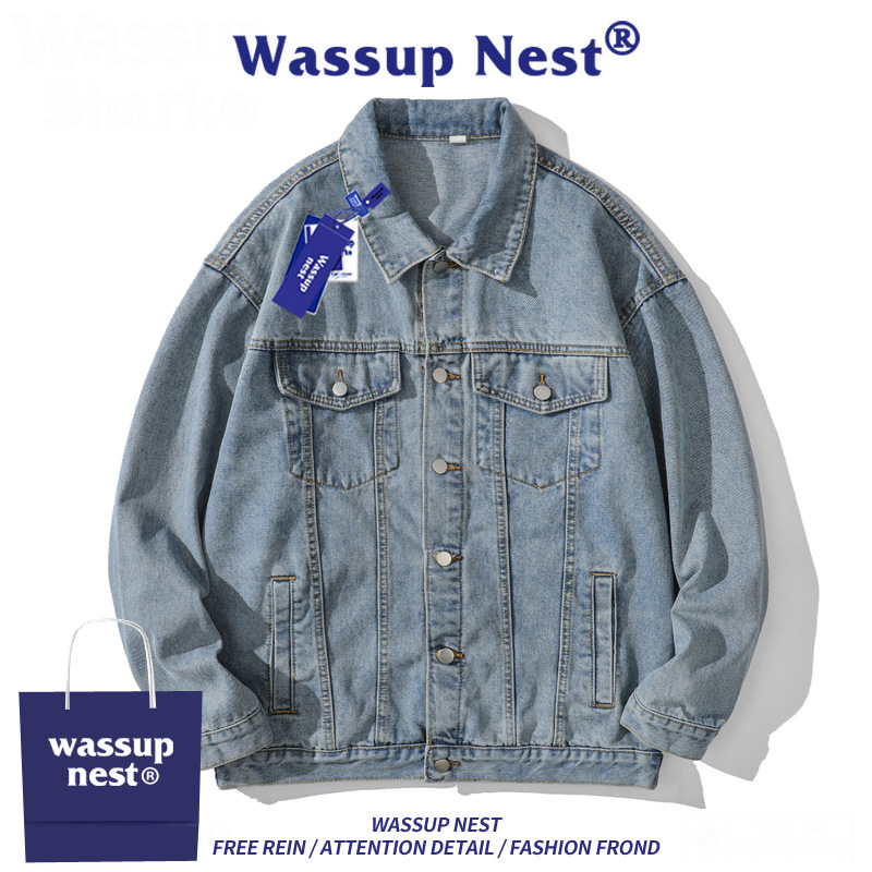 WASSUP NEST 아메리칸 데님 재킷 남성 봄, 가을 복고풍 작업복 캐주얼 재킷 다목적 라펠 탑
