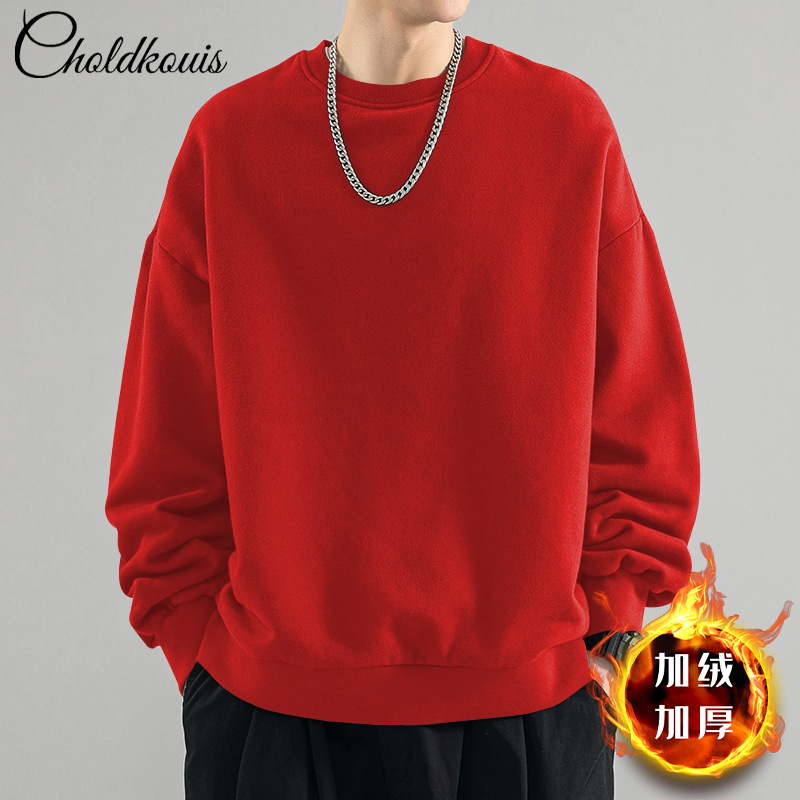 빅 레드 라운드넥 스웨트셔츠 플러스 벨벳 스타일 - 솔리드 컬러 [GL]