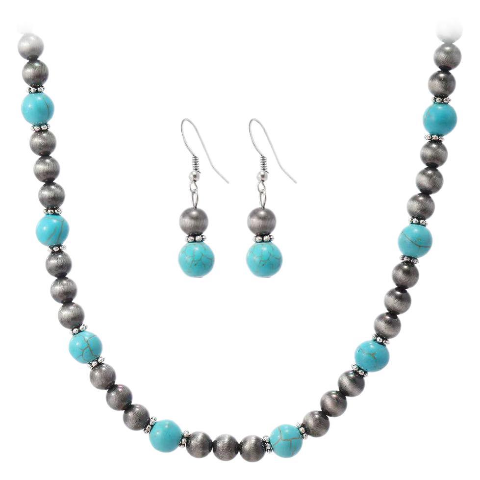 Ensemble collier et boucles d'oreilles turquoise style ethnique pour femme, design de niche, perles argentées antiques automne-hiver_voghion.com