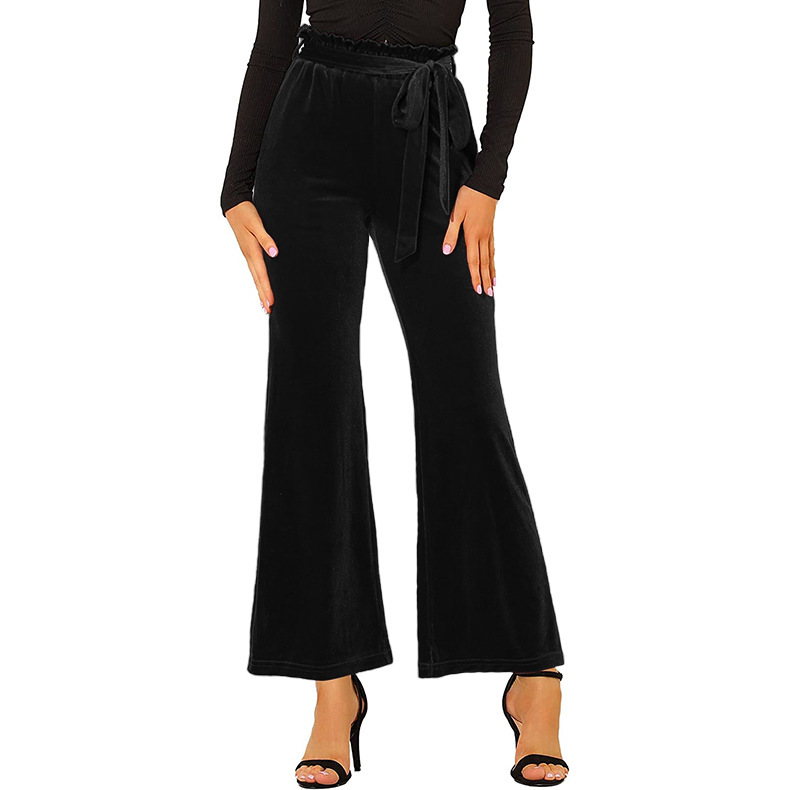 Solid Color High-Waist Lace-Up Elastic Trousers NSLZ104459