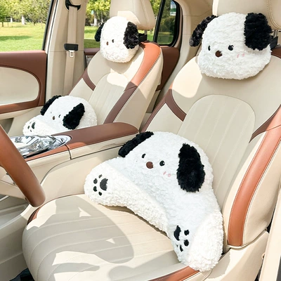 Car Headrest and Lumbar Support Set for Driver's Seat, Cute Cartoon Car Interior Neck Pillow (Headrest) - rabbit-fur-polished-puppy-white-2-head-pillows-2-waist-pillows