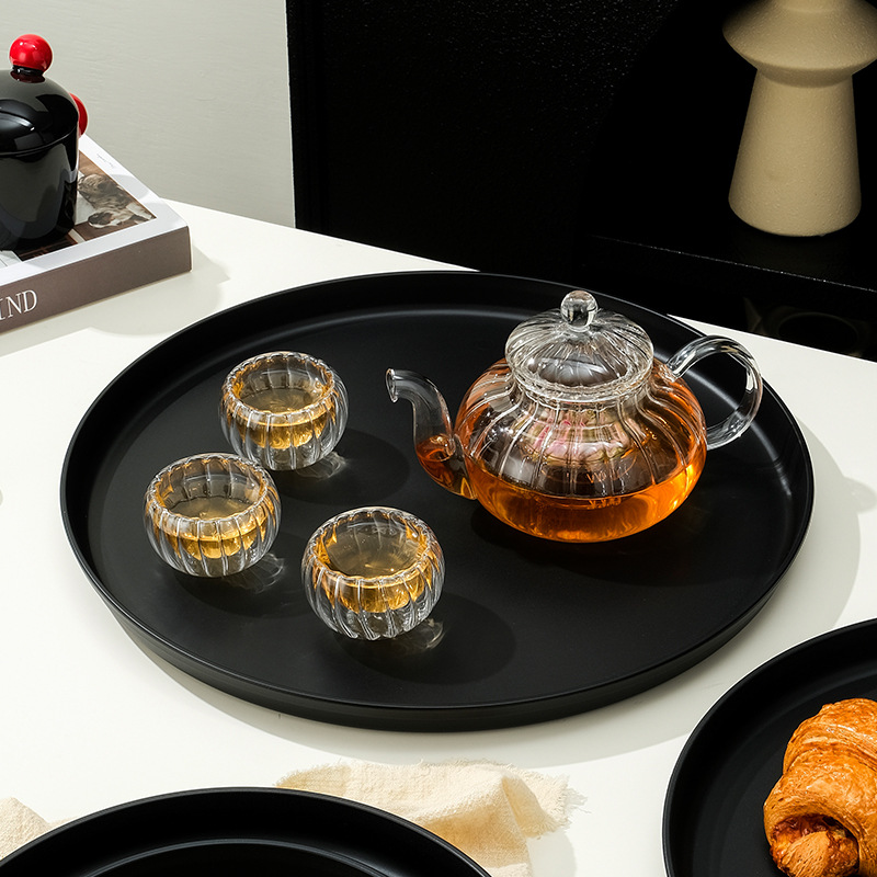 Bandeja de plástico negro japonés, bandeja de té de hotel redonda, taza, almacenamiento de bocadillos, bandeja de desayuno, bandeja de pan de té