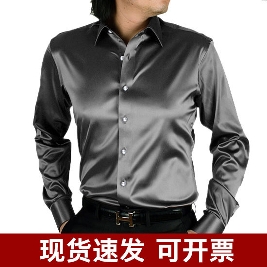 Solid Color Simulated Silk Silks and Satins Glossy Men's Shirt with Elastic Long Sleeves Taobao Hot Style Aliexpress Cross-Border Slim and Loose Fit