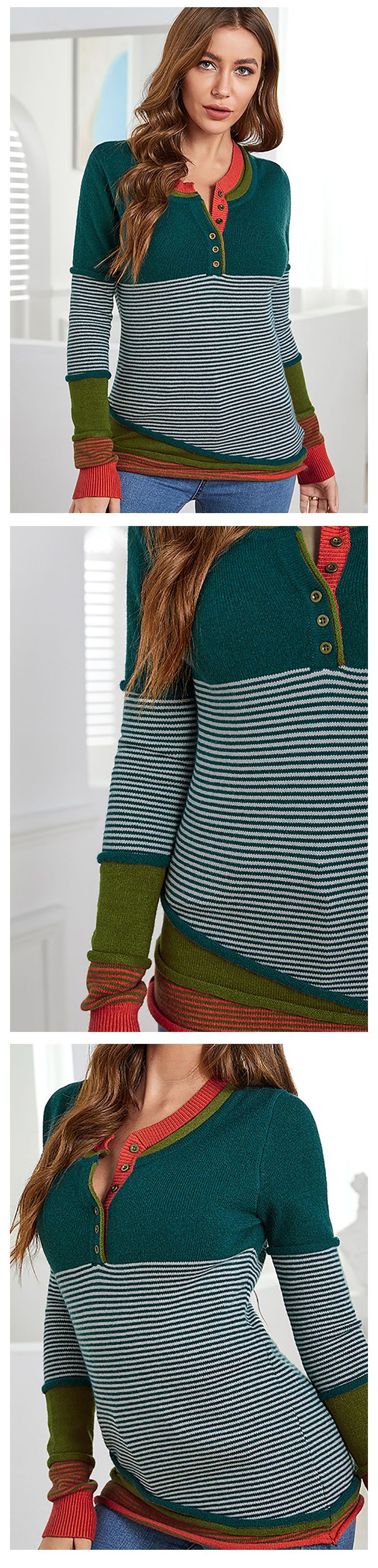 Maglione donna a righe con bottoni pullover casual in maglia_voghion.com