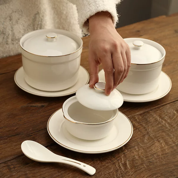 Ceramic Bird's Nest Stew Pot with Lid Steamed Egg Pot Soup Bowl Phnom Penh Hotel Restaurant Water-proof Stew Pot Dessert Stew Pot Small