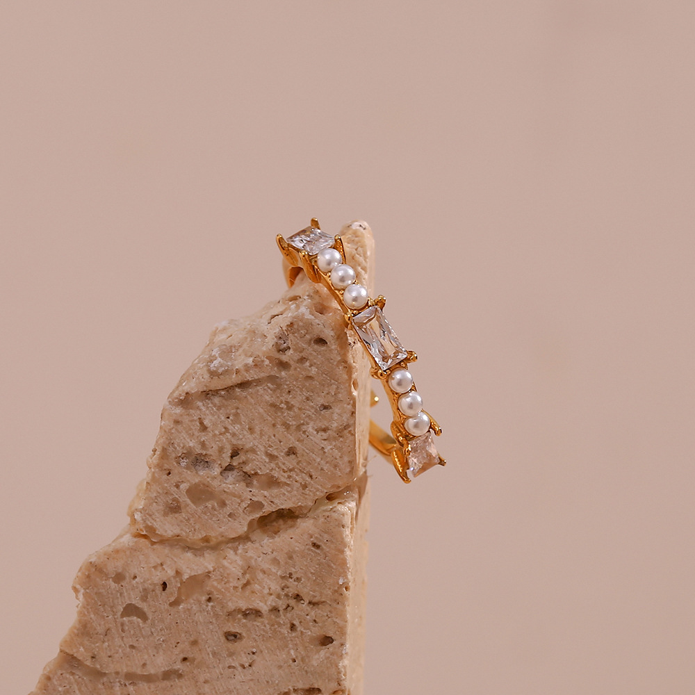 Fashion Geometric Stainless Steel Inlay Artificial Pearls Zircon Open Ring 1 Piece