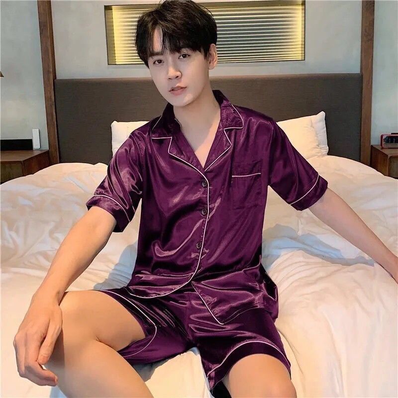 【同款低价】香槟冰丝睡衣男士夏薄款开衫短袖短裤青年家居服|undefined
