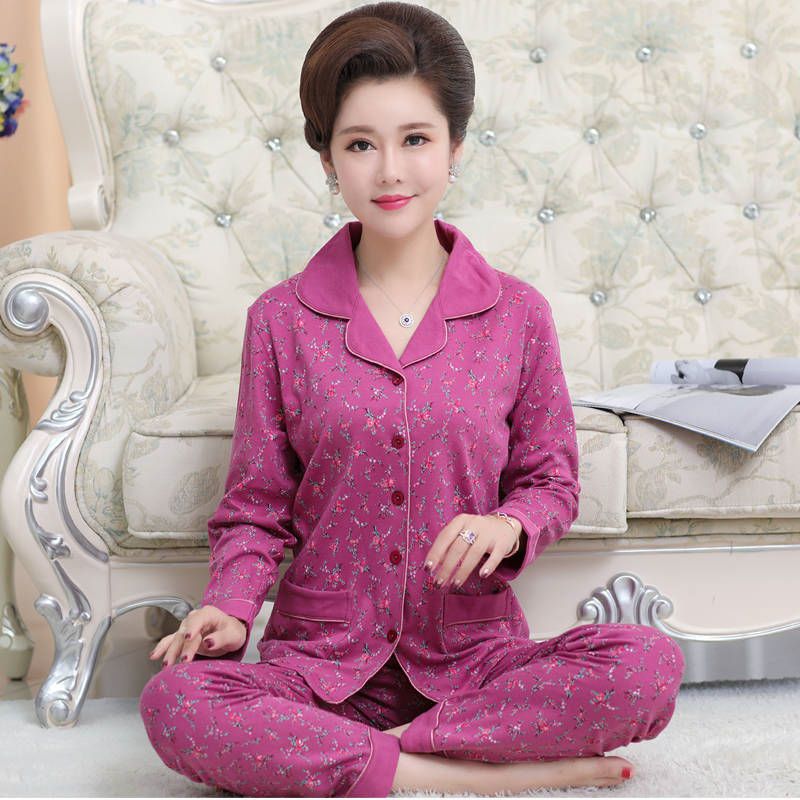 Pijamas para mujer Primavera y otoño 100% algodón de manga larga para mujer ropa de hogar para madres de mediana edad y ancianas Otoño e Invierno traje de talla grande