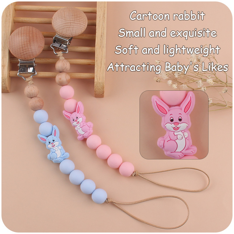 Nuevo bebé suministros dibujos animados conejo mordedor creativo lindo DIY mordedura molar pezón cadena anti-gota cuerda de la cadena