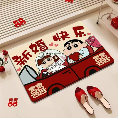 Cartoon festive diatomite floor mat for wedding bathroom, water-absorbent and non-slip, red "happy" character mat for wedding room decoration (Avtomobil döşəmə paspasları) - wedding-car-xiaoxin-1-4060cmnew-diatom-mud