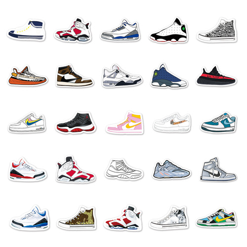 84 non-repeating cartoons of trendy sneakers, suitcases, graffiti trolley cases, notebooks, scooters, self-adhesive stickers