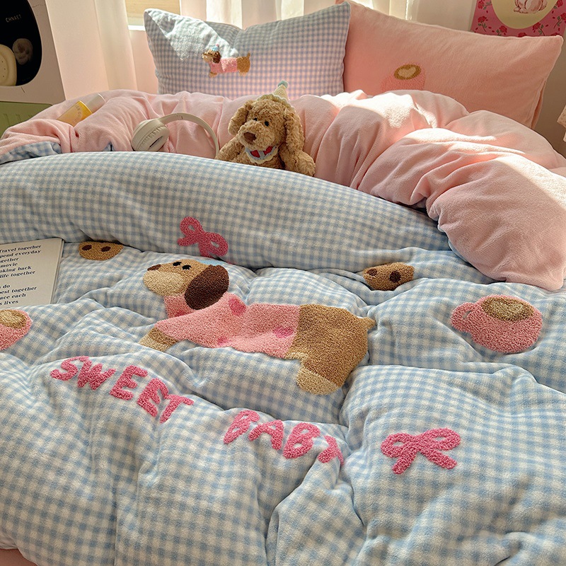 Baby Milk Velvet Bed Four-Piece Set Thickeneded Bedding Coral Flannel Towel Embroidered Quilt Cover Bed Sheets Three-Piece Winter Set