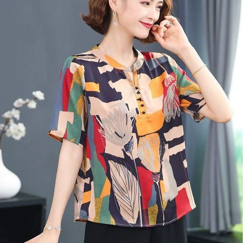 Шифоновая рубашка с короткими рукавами для женщин, летнее платье, воротник-стойка, рубашка с принтом в стиле ретро в гонконгском стиле, стиль для среднего и пожилого возраста, женская одежда больших размеров