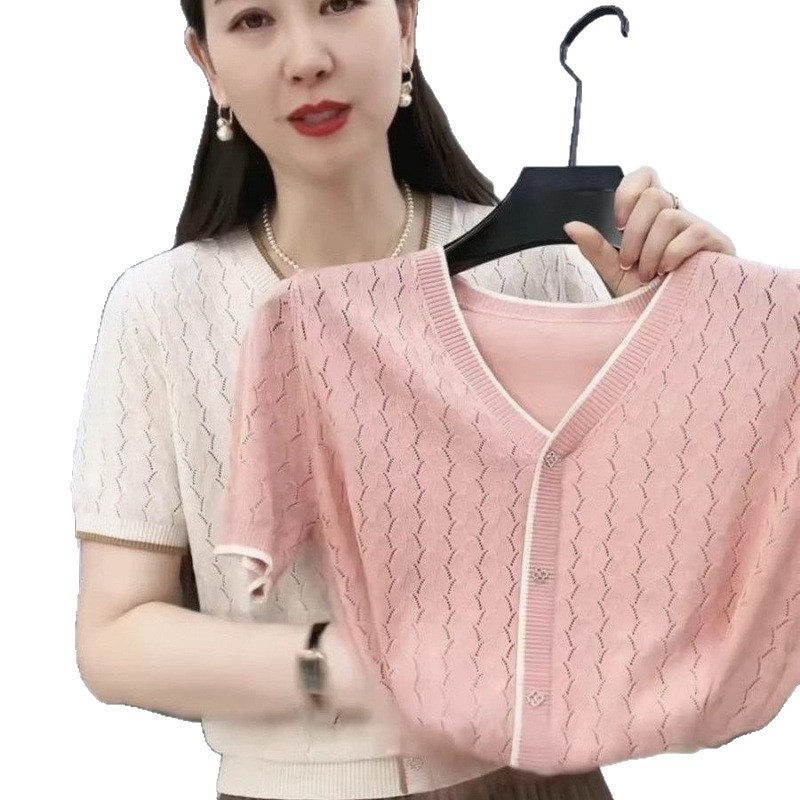 夏の新作半袖Tシャツ、甘いプルオーバー、中空セーター、おしゃれでゆったり、万能なママの薄手トップス|undefined