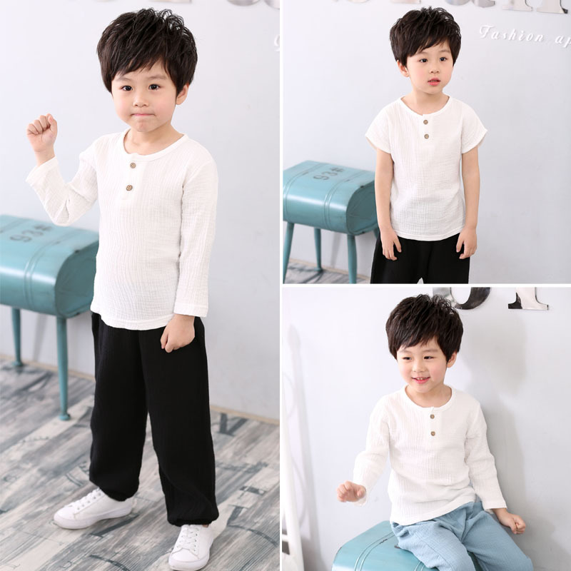 2023 summer boys' short-sleeved cotton and linen T-shirts for small and medium-sized children's tops children's solid color cotton and linen children's ethnic style children's clothing