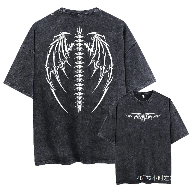 【Cross-Border European Size】Large Wing Print T-Shirt Men's Gym Retro Heavyweight T-Shirt Cotton Workout T-Shirt